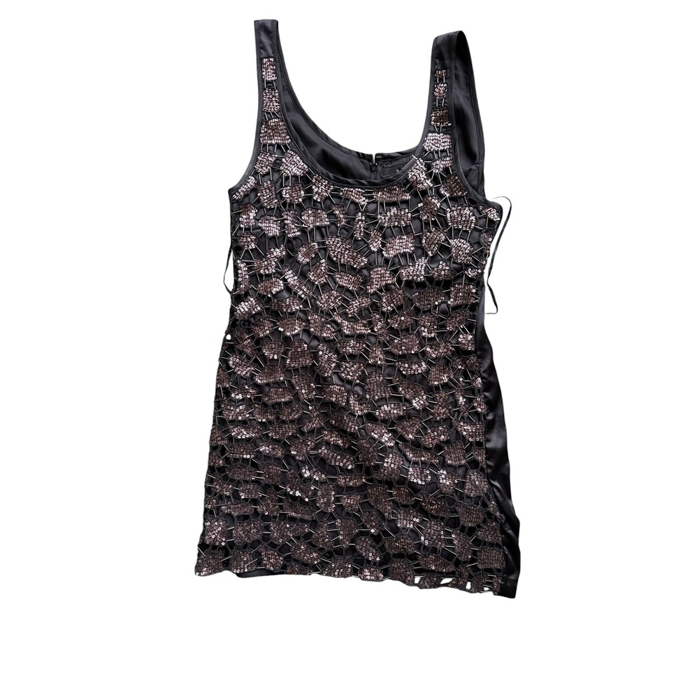Guess‎ Black Satin Sequin Cage Overlay Sleeveless Scoop Neck Evening Top 2554